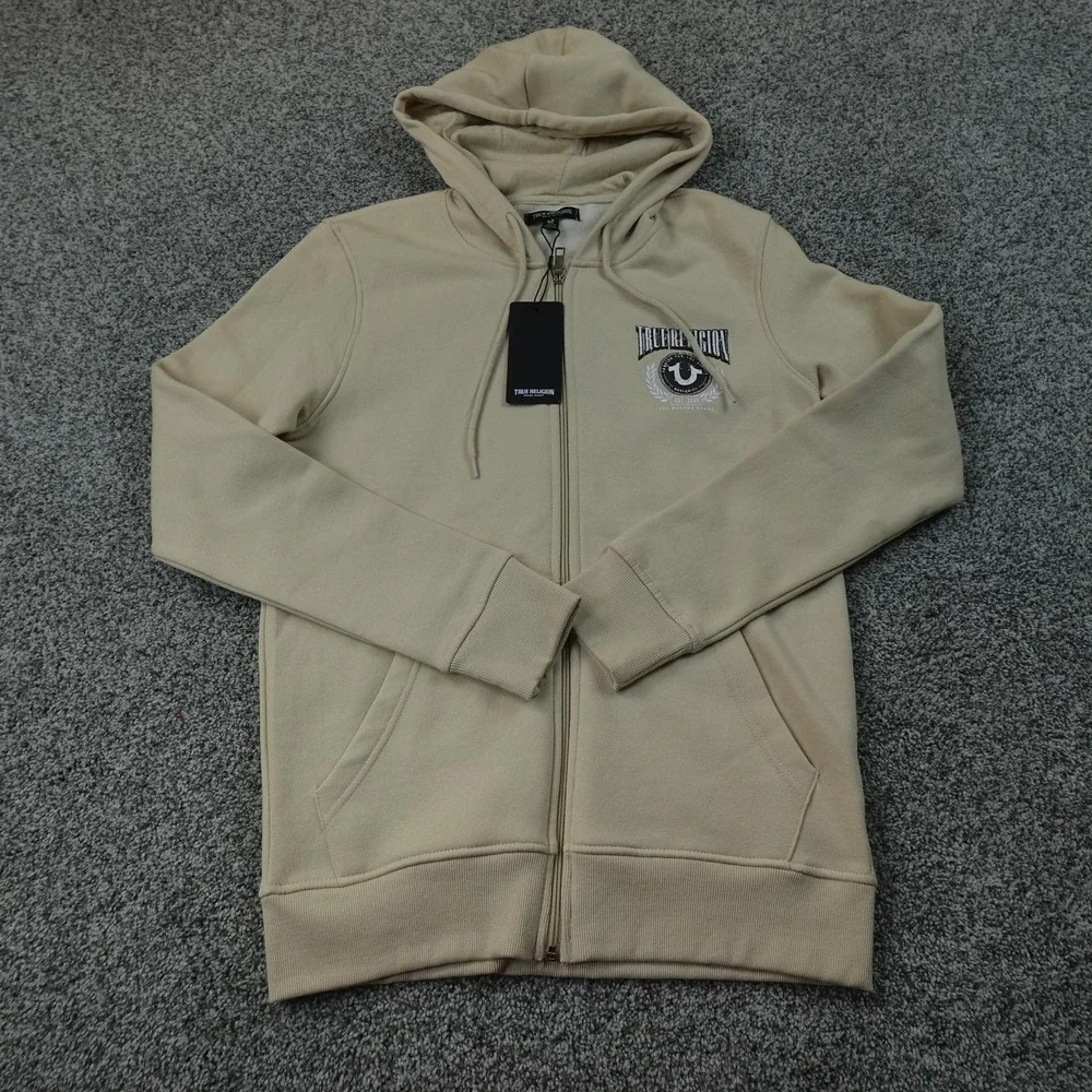 NEW True Religion Hoodie Mens S Beige Full Zip Fleece Sweatshirt Jacket Graphic